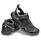 A pair of black and grey Crocs Men's Swiftwater Mesh Deck Sandals (205289-001), displayed on a clean white background.