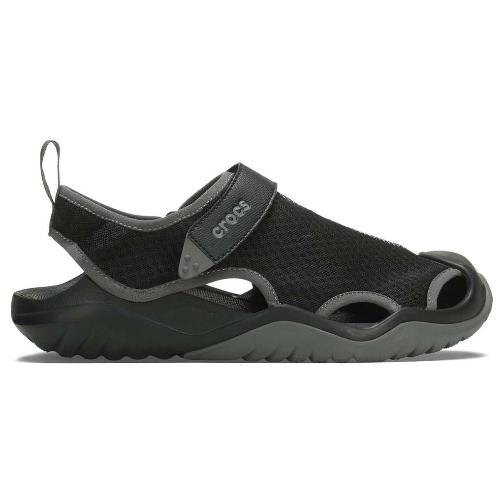 A black and grey Crocs Men's Swiftwater Mesh Deck Sandal (205289-001) in side view, displayed on a clean white background.
