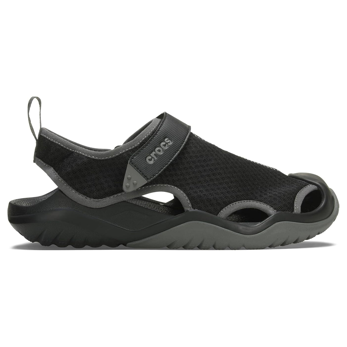 A black and grey Crocs Men's Swiftwater Mesh Deck Sandal (205289-001) in side view, displayed on a clean white background.