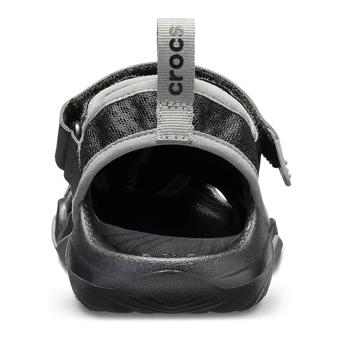 A black and grey Crocs Men's Swiftwater Mesh Deck Sandal (205289-001) heel view, displayed on a clean white background.
