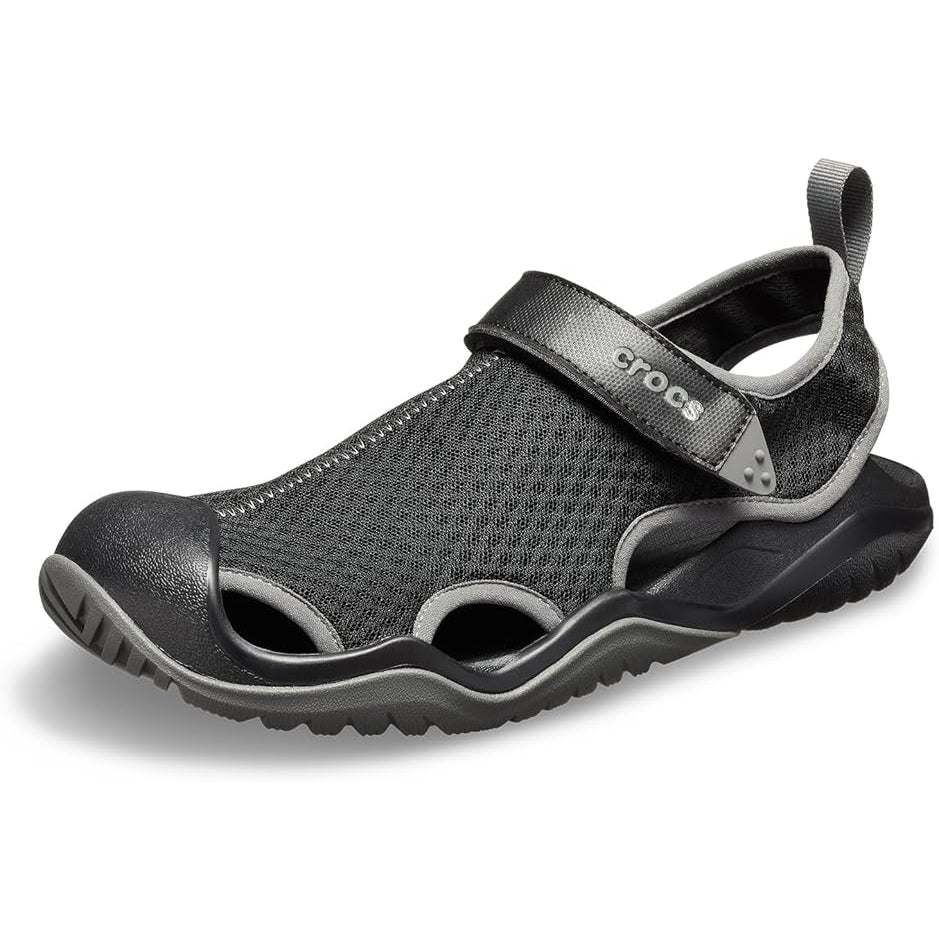 A black and grey Crocs Men's Swiftwater Mesh Deck Sandal (205289-001) 3-4 front view, displayed on a clean white background.