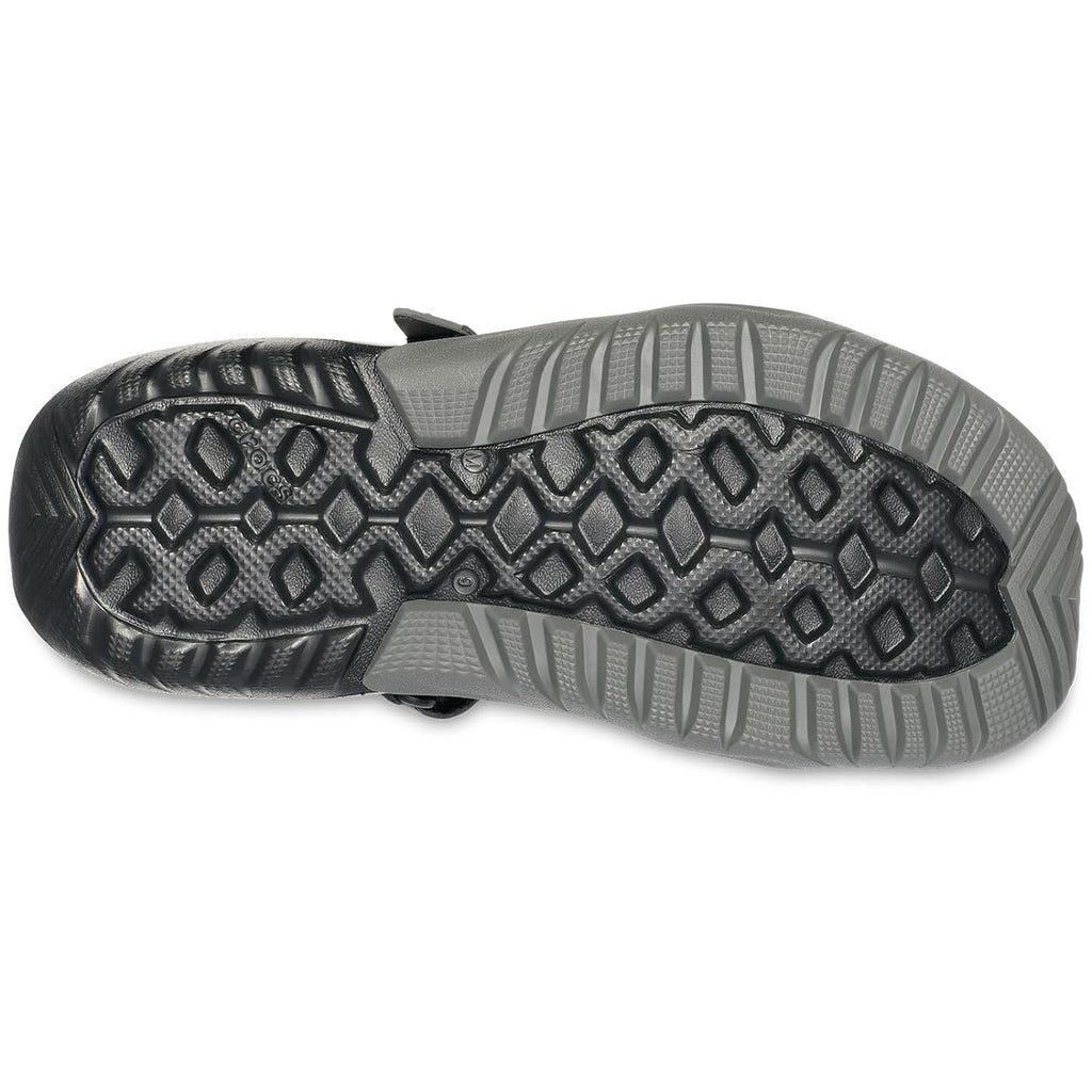 A black and grey Crocs Men's Swiftwater Mesh Deck Sandal (205289-001) soul view, displayed on a clean white background.