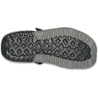 A black and grey Crocs Men's Swiftwater Mesh Deck Sandal (205289-001) soul view, displayed on a clean white background.