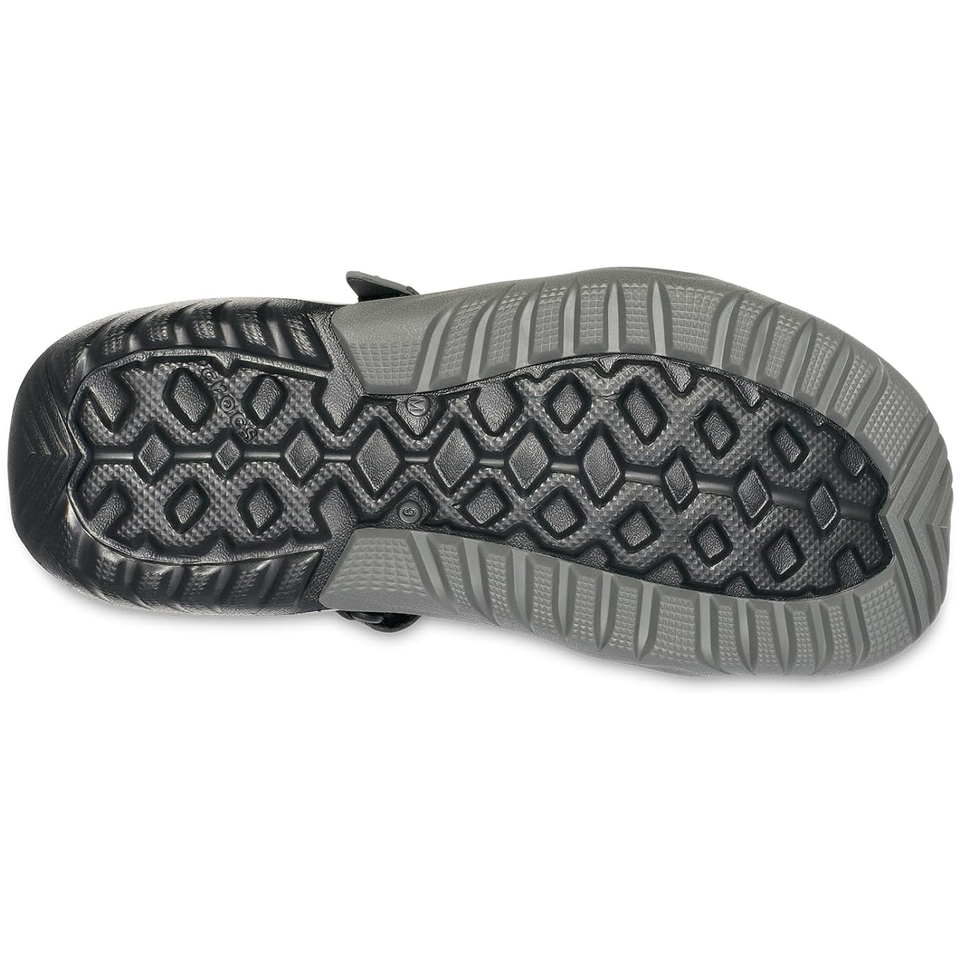A black and grey Crocs Men's Swiftwater Mesh Deck Sandal (205289-001) soul view, displayed on a clean white background.