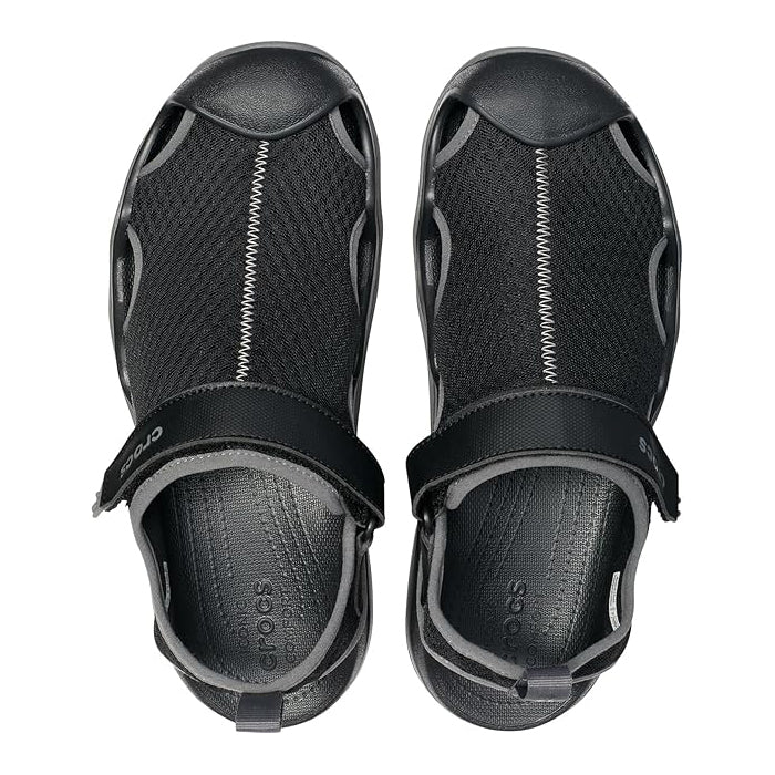A pair of black and grey Crocs Men's Swiftwater Mesh Deck Sandals (205289-001) top view, displayed on a clean white background.