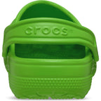 A single Crocs Green Crocs Toddlers Classic Clogs (206990-30T) shown from a back heel view on a plain white background.