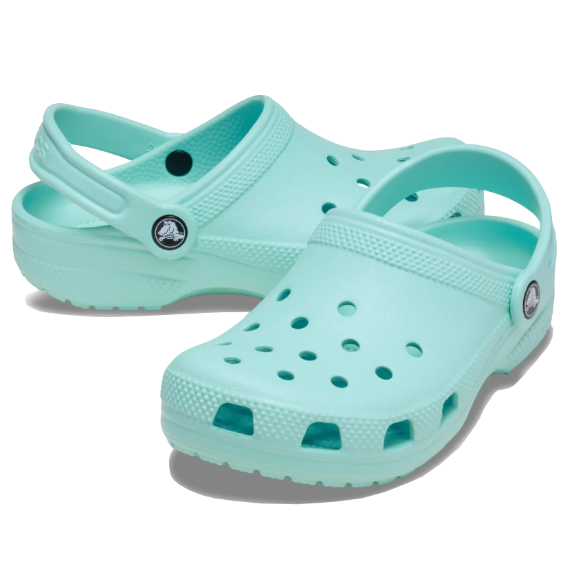 A pair of Aquamarine Crocs Toddlers Classic Clogs (206990-4PD) shown from a three-quarters and side angle on a white background.