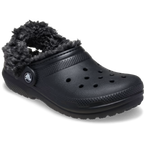 A 3-4 view of a black Crocs Toddlers Classic Fleece Lined Clog (212857-001) with fluffy dark grey sherpa lining, shown on a clean white background.