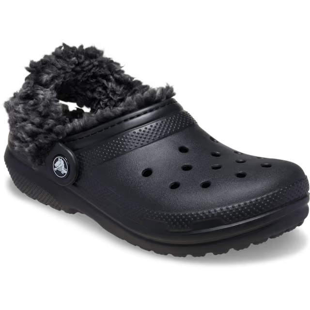 A 3-4 view of a black Crocs Toddlers Classic Fleece Lined Clog (212857-001) with fluffy dark grey sherpa lining, shown on a clean white background.