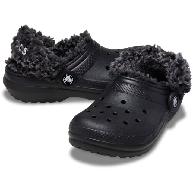 A pair of black Crocs Toddlers Classic Fleece Lined Clogs (212857-001) with fluffy dark grey sherpa lining, shown on a clean white background.