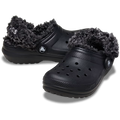 A pair of black Crocs Toddlers Classic Fleece Lined Clogs (212857-001) with fluffy dark grey sherpa lining, shown on a clean white background.