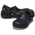 A pair of black Crocs Toddlers Classic Fleece Lined Clogs (212857-001) with fluffy dark grey sherpa lining, shown on a clean white background.