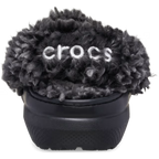 A heel view of a black Crocs Toddlers Classic Fleece Lined Clog (212857-001) with fluffy dark grey sherpa lining, shown on a clean white background.