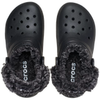 A pair of black Crocs Toddlers Classic Fleece Lined Clogs (212857-001) with fluffy dark grey sherpa lining, shown on a clean white background.