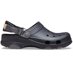 A black Crocs Unisex Classic All-Terrain Clog (206340-001) with adjustable straps and ventilation holes, shown from the side on a clean white background.