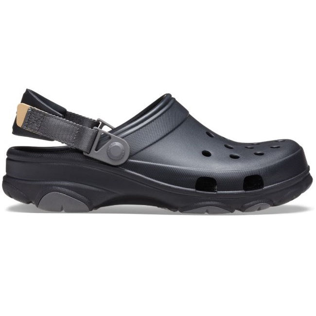 A black Crocs Unisex Classic All-Terrain Clog (206340-001) with adjustable straps and ventilation holes, shown from the side on a clean white background.