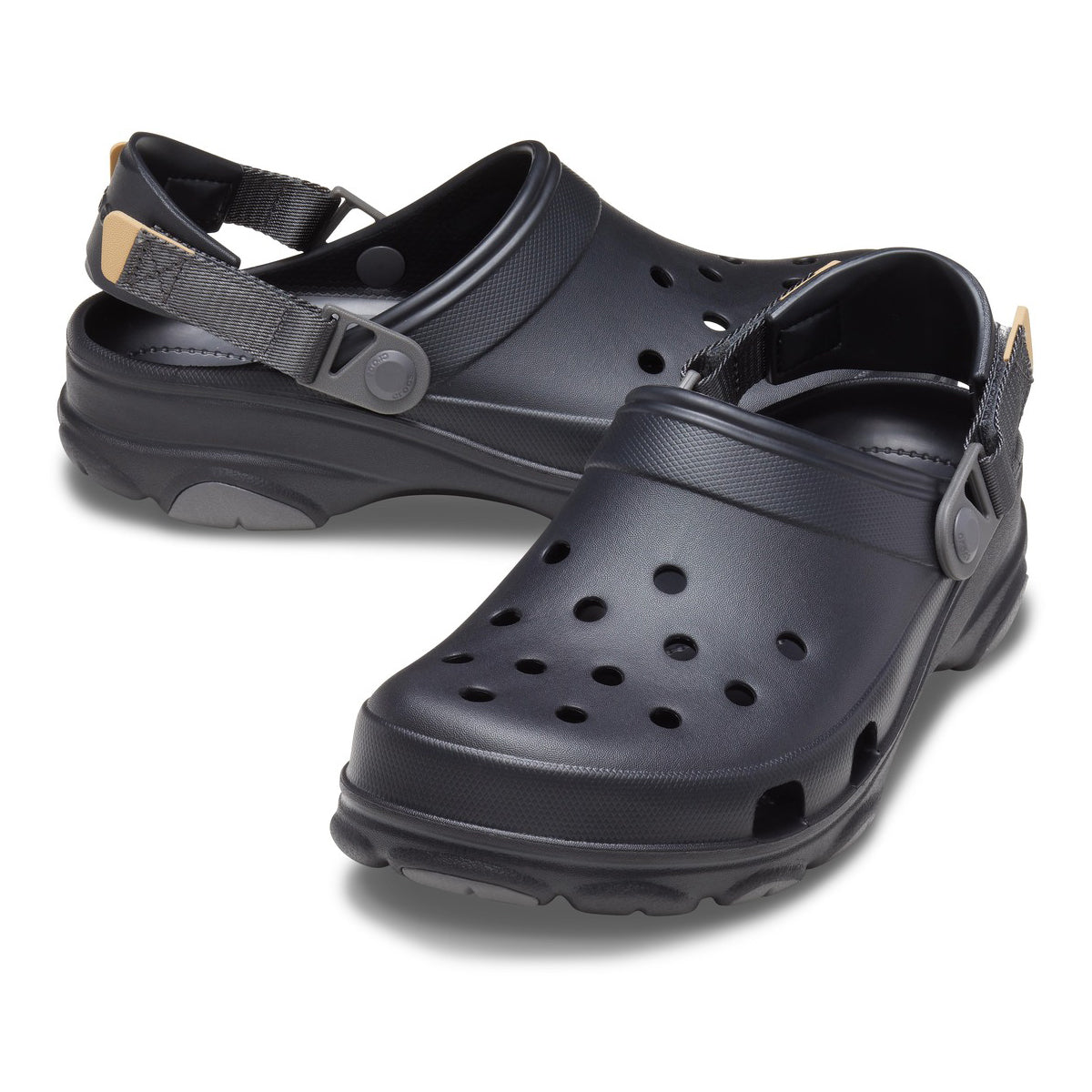A pair of black Crocs Unisex Classic All-Terrain Clogs (206340-001) with adjustable straps and ventilation holes, shown on a clean white background.