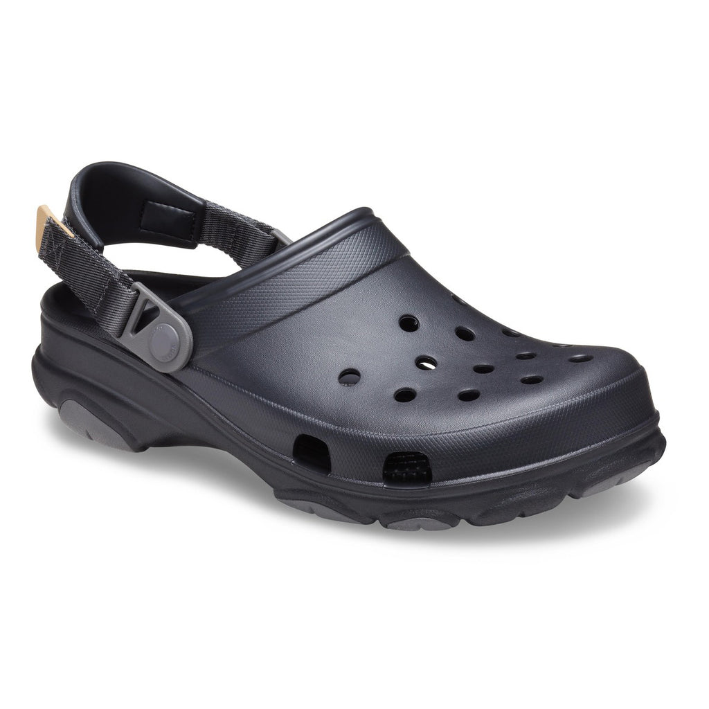 A black Crocs Unisex Classic All-Terrain Clog (206340-001) with adjustable straps and ventilation holes, shown from a 3-4 front view on a clean white background.