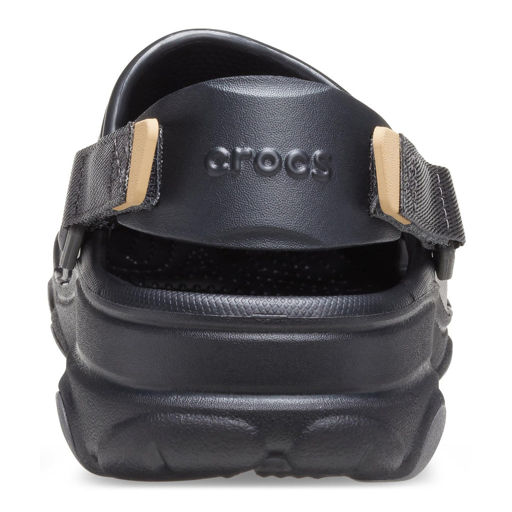 A black Crocs Unisex Classic All-Terrain Clog (206340-001) with adjustable straps and ventilation holes, shown from the heel on a clean white background.