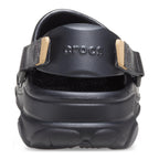 A black Crocs Unisex Classic All-Terrain Clog (206340-001) with adjustable straps and ventilation holes, shown from the heel on a clean white background.