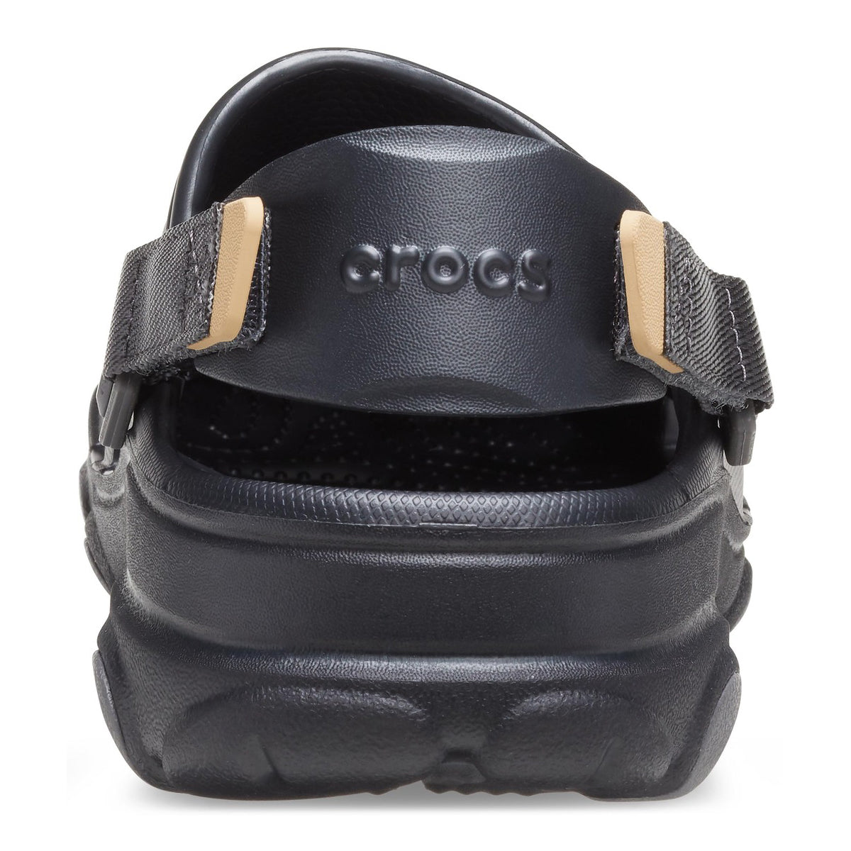 A black Crocs Unisex Classic All-Terrain Clog (206340-001) with adjustable straps and ventilation holes, shown from the heel on a clean white background.