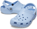 A pair of Crocs Unisex Classic Clogs (10001-4NS) in Blue Calcite, featuring ventilation holes and adjustable heel straps, perfect for everyday comfort, displayed on a plain white background.