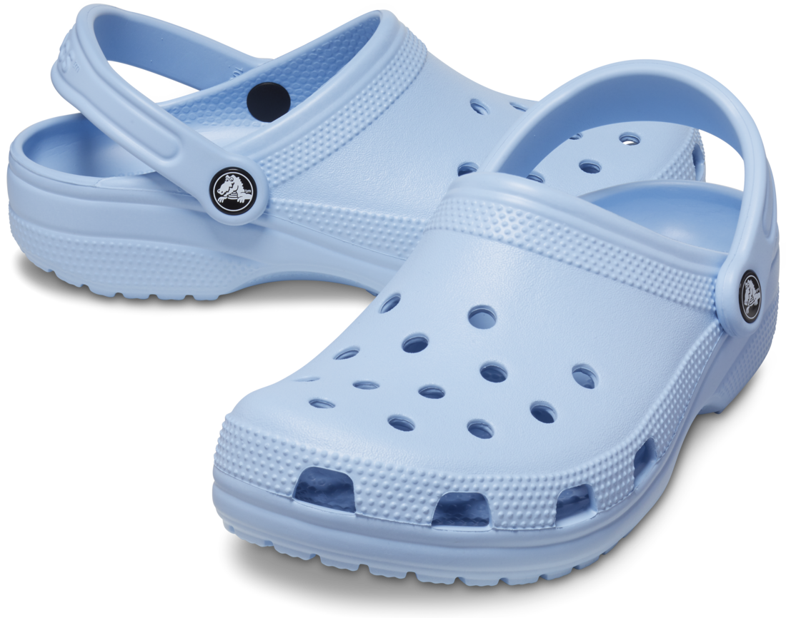 A pair of Crocs Unisex Classic Clogs (10001-4NS) in Blue Calcite, featuring ventilation holes and adjustable heel straps, perfect for everyday comfort, displayed on a plain white background.