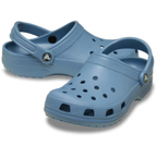 A pair of Crocs Unisex Classic Clogs (10001-5EP) in Astro Blue by Crocs, featuring ventilation holes, back straps, and textured soles, overlap on a white background.