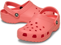 A pair of Crocs Childrens Classic Clogs (206991-6UI) in Guava by Crocs, featuring ventilation holes, adjustable heel straps, and textured soles—ideal water-friendly everyday shoes for kids—displayed on a plain white background.
