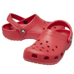 A pair of varsity red Crocs Unisex Classic Clogs (10001-6WC) shown on a plain white background, with one clog angled in front of the other to display the top and side details.