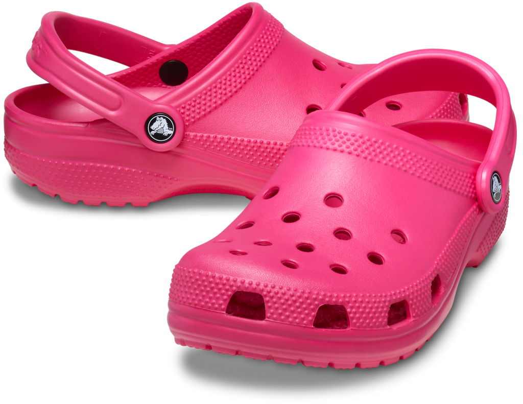 Crocs Unisex Classic Clogs (10001-6ZQ) in Dragonfruit: bright pink, water-friendly shoes with ventilation holes, textured soles, and adjustable heel straps—comfortable and ideal for everyday wear. Brand: Crocs.