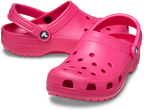 Crocs Unisex Classic Clogs (10001-6ZQ) in Dragonfruit: bright pink, water-friendly shoes with ventilation holes, textured soles, and adjustable heel straps—comfortable and ideal for everyday wear. Brand: Crocs.