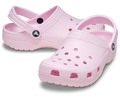 The Crocs Unisex Classic Clogs (10001-6ZW) Pink Milk feature ventilation holes, adjustable heel straps, and cushioned comfort. These water-friendly Crocs are shown in light pink on a white background.