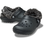 The Crocs Unisex Classic Fleece Lined Clogs (211396-001) in black feature ventilation holes, a plush gray sherpa fleece lining for comfort, and an adjustable back strap for a secure fit.