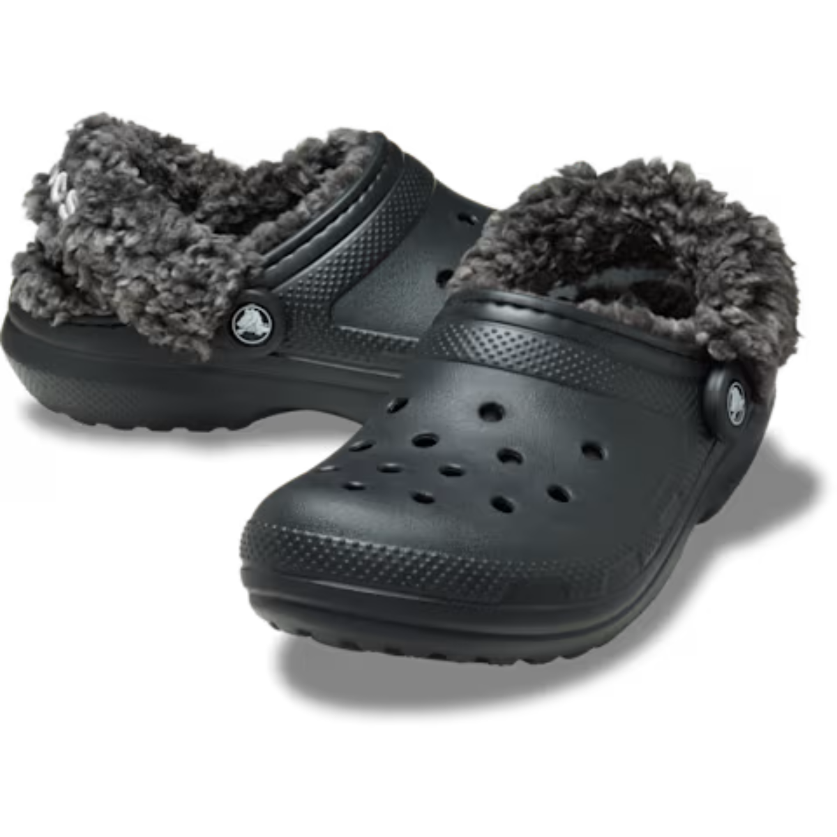 The Crocs Unisex Classic Fleece Lined Clogs (211396-001) in black feature ventilation holes, a plush gray sherpa fleece lining for comfort, and an adjustable back strap for a secure fit.