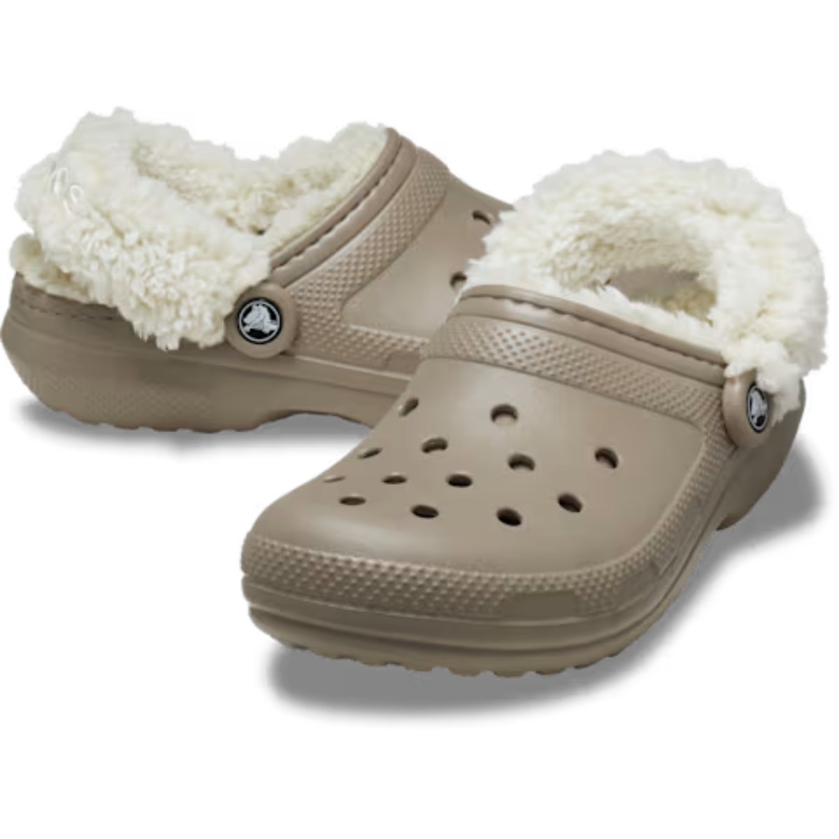 The Crocs Unisex Classic Fleece Lined Clogs (211396-195) in Mushroom feature a beige design with white sherpa fleece lining, ventilation holes on top, and a pivoting heel strap with the Crocs logo.