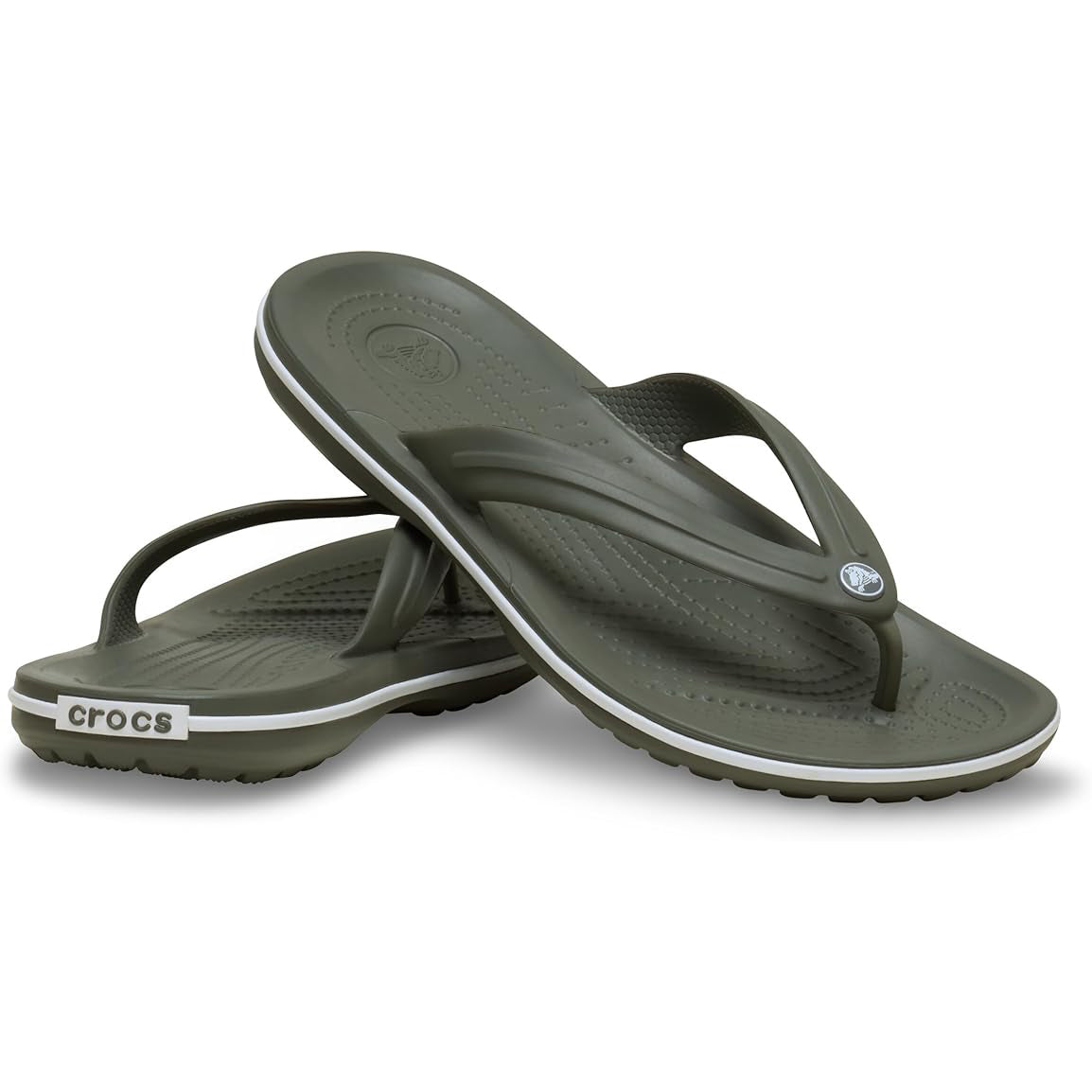 A pair of Crocs Unisex Crocband Flip Flops (11033-3J5) in Dusty Olive, featuring lightweight construction, textured footbeds, and a white stripe on the sole, shown overlapping on a white background. Water-friendly for all-day comfort.