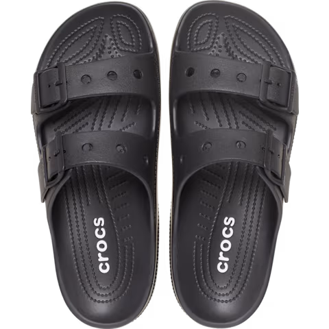 A pair of Crocs Men's Saturday Sandals (212245-001) Black feature two adjustable straps and Crocs Comfort with a textured sole, shown top view on a white background.
