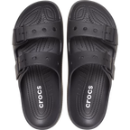 A pair of Crocs Men's Saturday Sandals (212245-001) Black feature two adjustable straps and Crocs Comfort with a textured sole, shown top view on a white background.