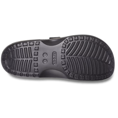 The sole of a black Crocs Men's Saturday Sandal (212245-001) feature two adjustable straps and Crocs Comfort with a textured sole, on a white background.