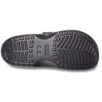 The sole of a black Crocs Men's Saturday Sandal (212245-001) feature two adjustable straps and Crocs Comfort with a textured sole, on a white background.