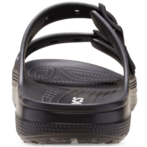 Black Crocs Men's Saturday Sandals (212245-001) feature two adjustable straps and Crocs Comfort with a textured sole, heel view on a white background.