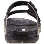 Black Crocs Men's Saturday Sandals (212245-001) feature two adjustable straps and Crocs Comfort with a textured sole, heel view on a white background.