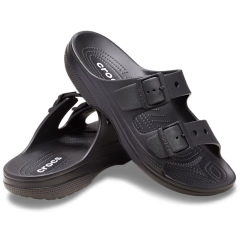 A pair of Crocs Men's Saturday Sandals (212245-001) Black feature two adjustable straps and Crocs Comfort with a textured sole, shown on a white background.