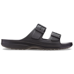 The Crocs Men's Saturday Sandals (212245-001) Black feature two adjustable straps and Crocs Comfort with a textured sole, shown side view on a white background.