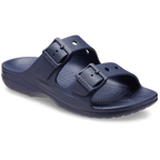 Navy blue Crocs Men's Saturday Sandal (212245-410) 3-4 front view with two buckle straps on a white. background.
