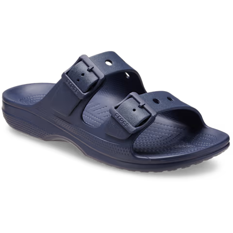 Navy blue Crocs Men's Saturday Sandal (212245-410) 3-4 front view with two buckle straps on a white. background.
