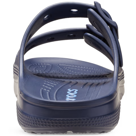 Heel view of a Navy Crocs Men's Saturday Sandal (212245-410) with 'Crocs' branding on a transparent background.