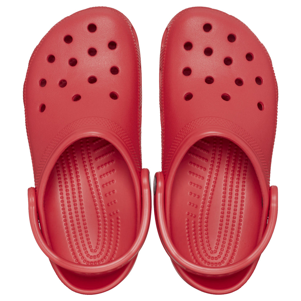 A top view of a pair of varsity red Crocs Unisex Classic Clogs (10001-6WC) on a plain white background.