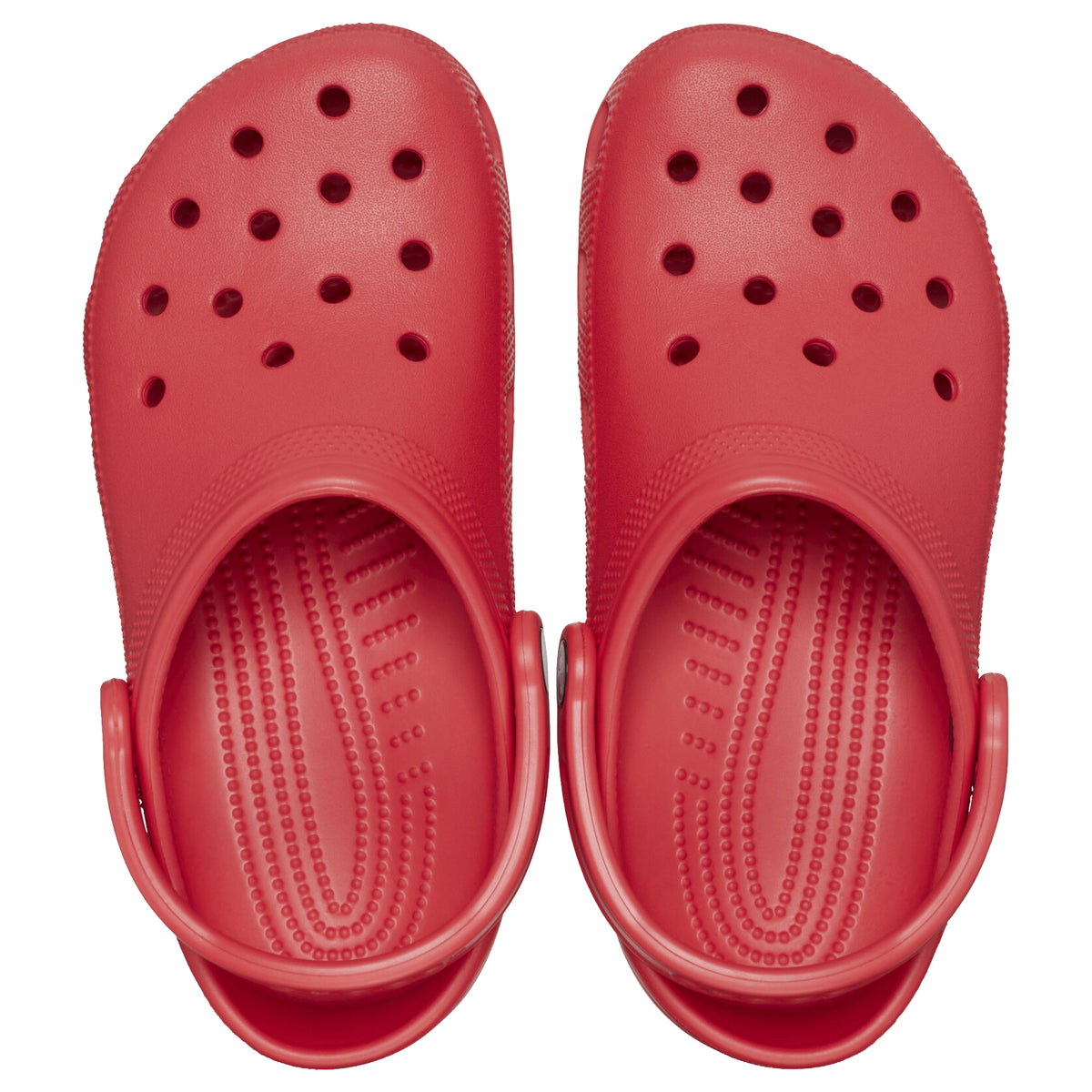 A top view of a pair of varsity red Crocs Unisex Classic Clogs (10001-6WC) on a plain white background.